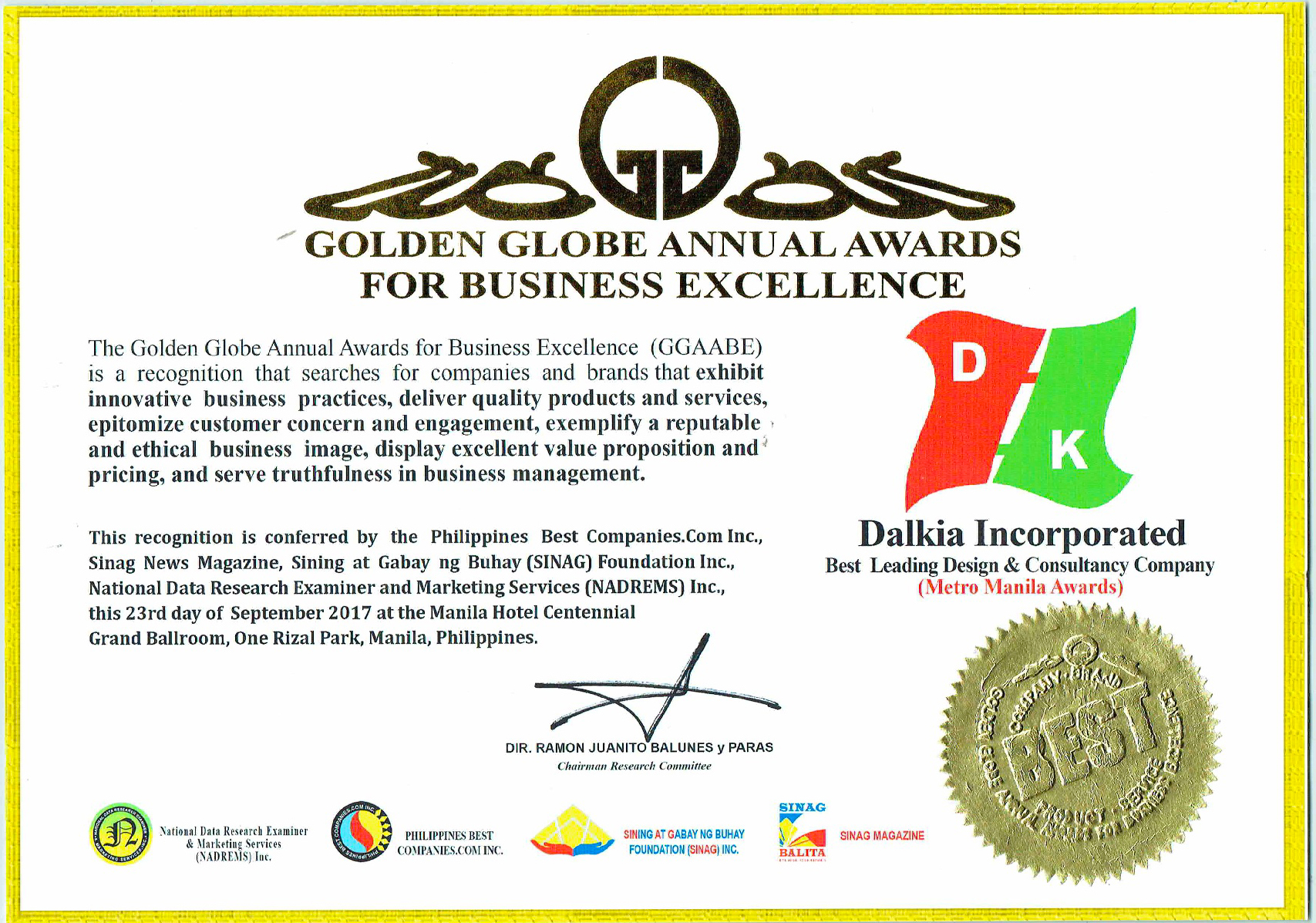 GOLDEN GLOBE AWARDS FOR BUSINESS EXCELLENCE 2017